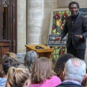 Lemn Sissay speaking at Salisbury Cathedral event for looked after children using VOX